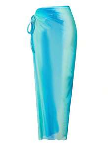 Costavie Conjunto de 3 piezas de bikini para mujer con vestido largo calado, estampado de teñido anudado multicolor, tirantes trenzados y cordones laterales, para primavera/verano 2026 - Azul - Ver 7