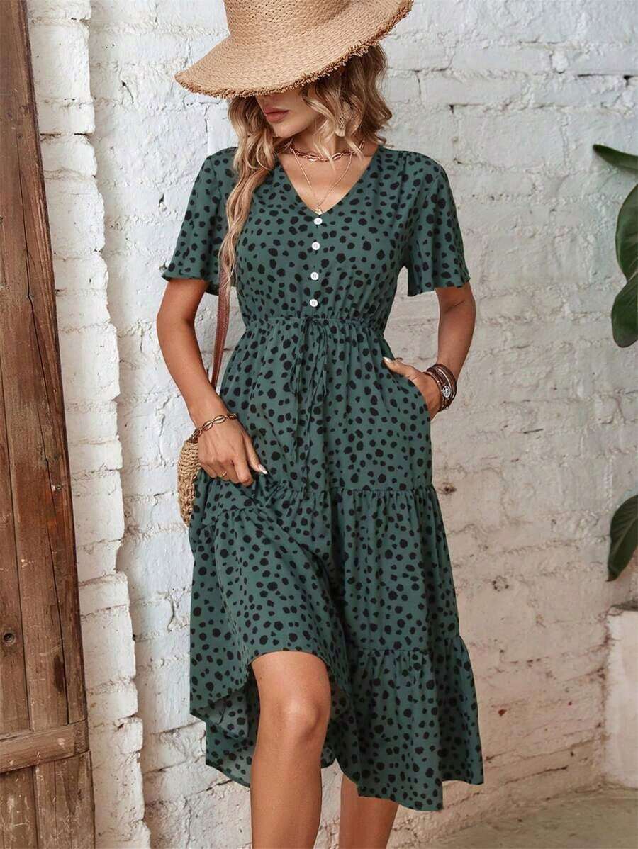 Vestido largo de mujer con estampado de dálmata, drapeado frontal y volante en el bajo - Verde Oscuro - Ver 1