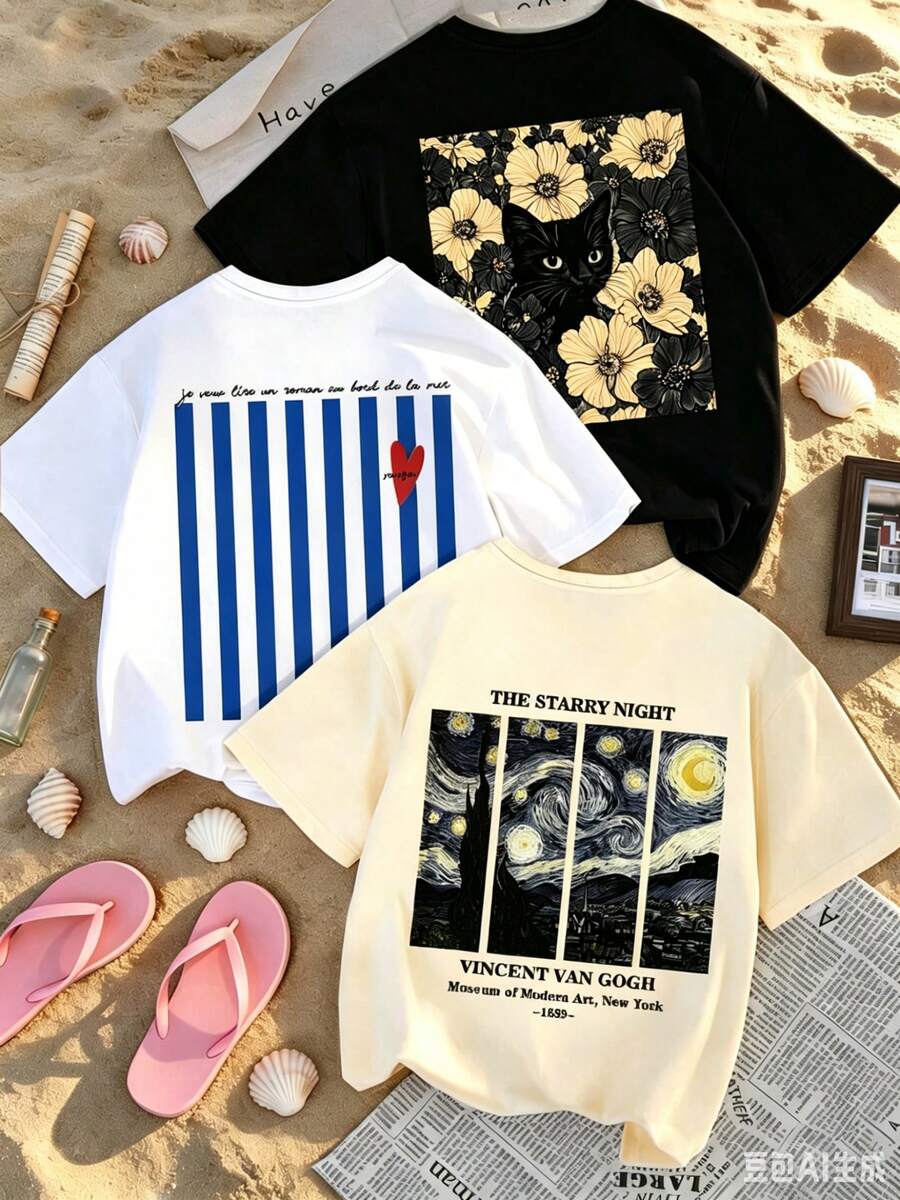 Set de Prenda individual, no un conjunto de 3 piezas, 1 piezas/set de camisetas de manga suitable for streetwear, Top oversized cuello redondo daily outings, camping, concerts, hip-hop, rock, and rap events camisetas de manga corta con cuello redondo con estampados gráficos minimalistas de corazón, gato y Van Gogh, tops casuales versátiles y de moda para mujer - Blanco - Ver 1