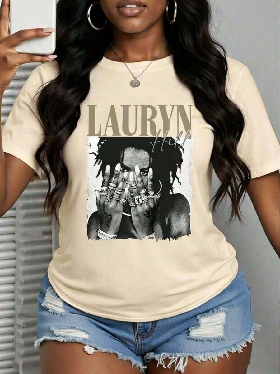 Women's T-Shirt 100% Cotton/Lauren Hill/Letter Print/Vintage T-Shirt/Women's Casual Loose Crew Neck Top/Niche Graffiti Print T-Shirts For Spring And Summer 85841102525 - 杏色 - 查看 1