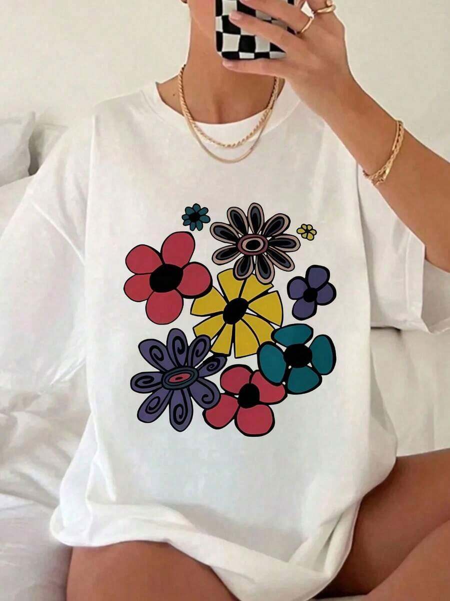 1pcY2K Women's Summer Blouses, Cute And Fun. Retro Contrasting Flowers, Pop Art Style, Childlike Geometric Patterns, Retro Hippie Style With Letter Prints. Women's T-Shirts Suitable For Various Occasions, Such As Festival Gifts, Birthdays, Music Festivals, Mother's Day, Easter, Graduation Season; Comfortable, Casual, And Versatile Clothing For Beach Vacations; Simple And Fashionable, Suitable For Everyday Wear For Women And Girls. 100% Cotton - 白色 - 查看 1