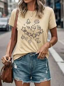1pcY2K Women's Summer Top, Cute And Fun. Simple Pet Designs, Childlike And Relaxing Style, Exclusive For Owners, Star And Heart Elements, Women's T-Shirt With Cartoon Letter Print. Suitable For Various Occasions, Such As A Gift For Festivals, Birthdays, Music Festivals, Mother's Day, Easter, Graduation Season, Casual And Versatile, Comfortable, For Beach Vacations, Simple And Fashionable, Suitable For Daily Wear For Women And Girls. 100% Cotton. - 杏色 - 查看 2