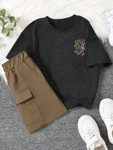 2pcs Set Suitable For Teen Boys, Round Neck Short Sleeve T-Shirt With English Print, Paired With Simple Casual Khaki Shorts, Summer New Arrival Set - Black - View 2