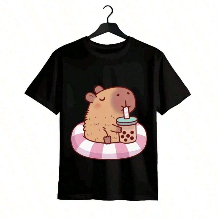 Tops para mujer de algodón de manga corta y cuello redondo para mujer, con estampado de capibara yé de burbujas, de elasticidad media. - Negro - Ver 1