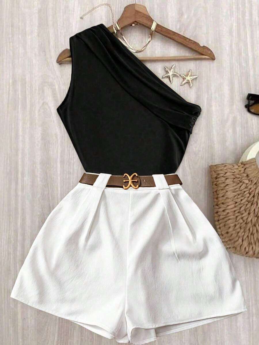 Conjunto de top plisado de hombro de color marrón sólido y elástico para uso casual y pantalones blancos de cintura elástica - Negro - Ver 1