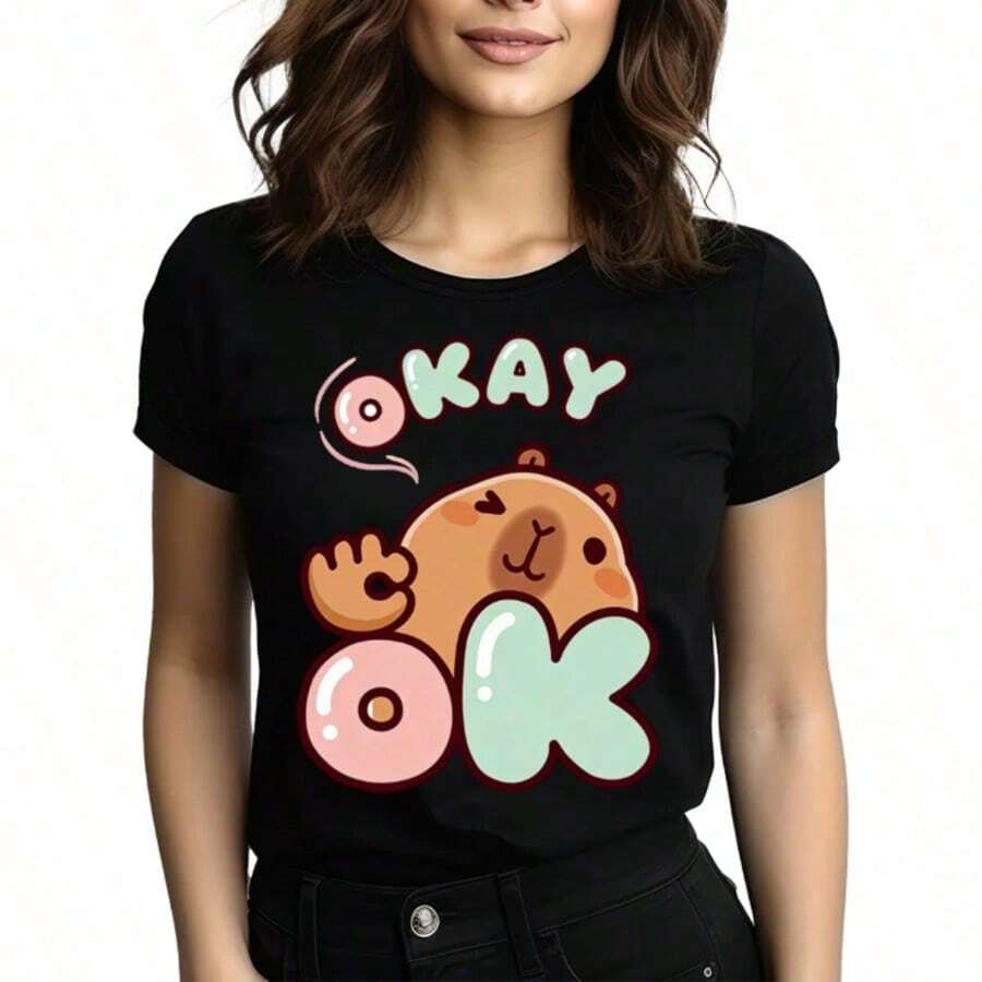 Tops para mujer de algodón de manga corta con cuello redondo y estampado de oso de dibujos animados 'OKAY OK' para mujer, estilo casual. - Negro - Ver 1