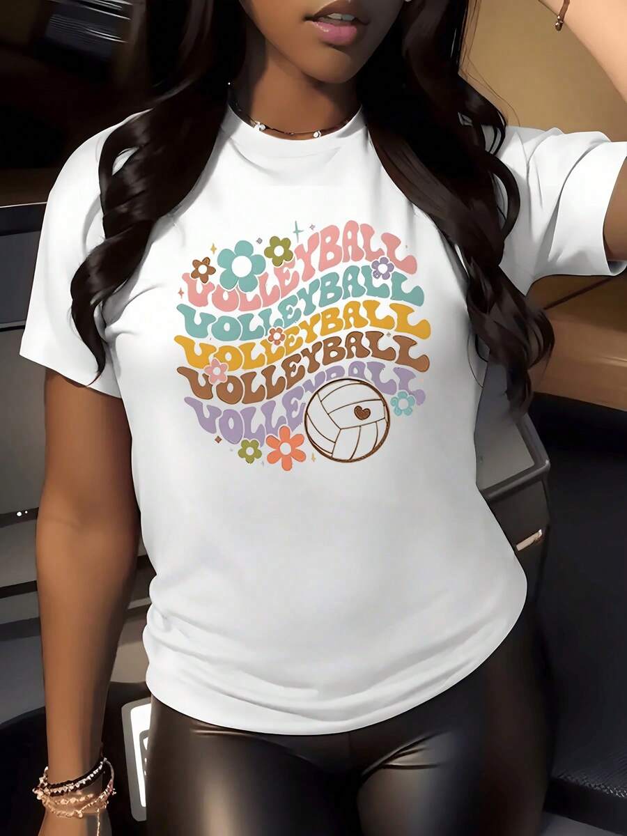 Colorful Flowers Surrounding Repeated Volleyball Words In Pastel Shades Evoke Energy, Joy, And Sporting Passion With A Vintage Gold Ball And Retro Style Inspired By The Seventies. Modern Casual Women's T-Shirt - 白色 - 查看 1
