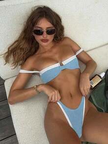 Nuevo Llegado Oficial Primavera/Verano Elegante Casual Sexy Traje de Baño Bikini de Mujeres en Blanco y Negro a Patchwork, para Playa, Fiesta, Cita, Vacaciones - Celeste - Ver 6