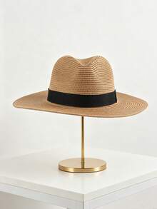 1 pièce Chapeau de paille unisexe de protection solaire d'été, chapeau de soleil à large bord, chapeau de voyage à la plage, chapeau Panama à sommet rond - Multicolore - Voir 10