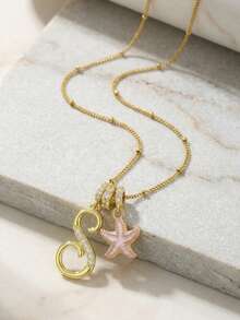 1Pc Auric Station Necklace Gem-Set Letter Curved Motif & Roseate Sea Creature For Boys Girls Twin Danglers For Boardwalk Ambles Tide Pool Visits Yacht - Gold - View 4