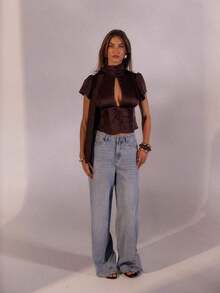 Blusa de satén ligera para mujer con cuello alto, detalle de bufanda, botones delanteros, mangas abullonadas, silueta ajustada, atuendos de verano para salir, blusas lindas, blusas elegantes, blusas de satén, blusa marrón - Café integral - Ver 6