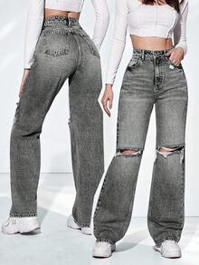 ICON Jeans desgarro de talle alto - Gris Claro - Ver 1