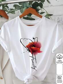 Women's Modern, Casual T-Shirt, Perfect For Parties And Lounging At Home. 100% Cotton, Loose Fit. Women's Short-Sleeved T-Shirt With Floral Print - Light Yellow, Loose Fit, Casual Top With Red Flower Design, Machine Washable, Casual Spring And Summer Wear, Women's T-Shirts, Summer Fashion, Non-See-Through Fabric, 100% Cotton. - 白色 - 查看 2