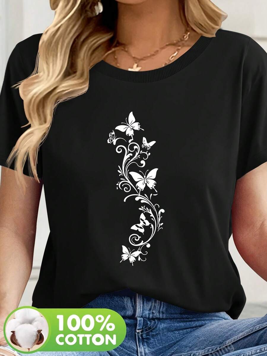 Playera gráfica casual juvenil para mujer y unisex de manga corta con aplique de mariposa blanca - Camiseta casual de verano con cuello redondo, tela suave y transpirable, camisa ligera para uso diario, lavable a máquina, esencial para la primavera (Blanco). - Negro - Ver 1