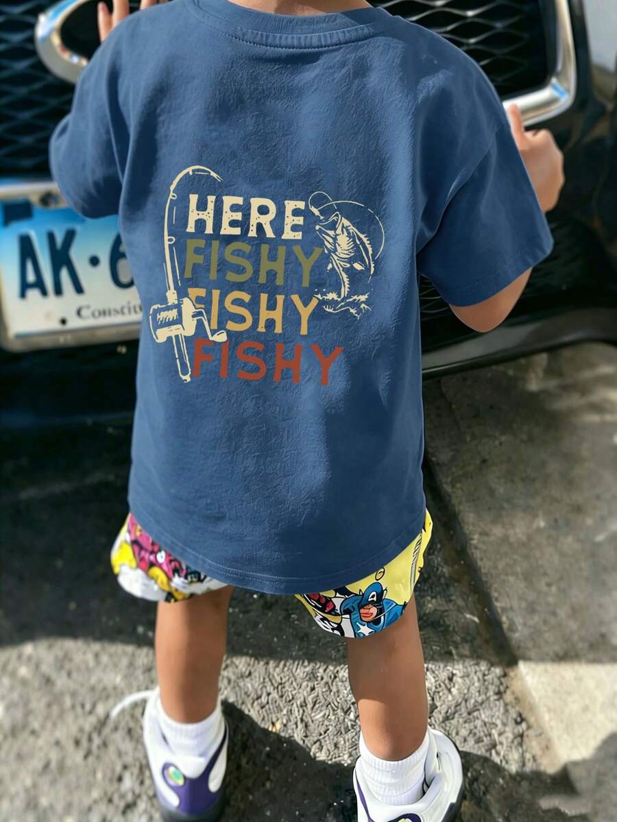 小男孩 HereFishyFishy 印花 T 恤,舒適面料,適合戶外、日常、校園穿著,春夏百搭上衣 - 水鴨藍 - 查看 1