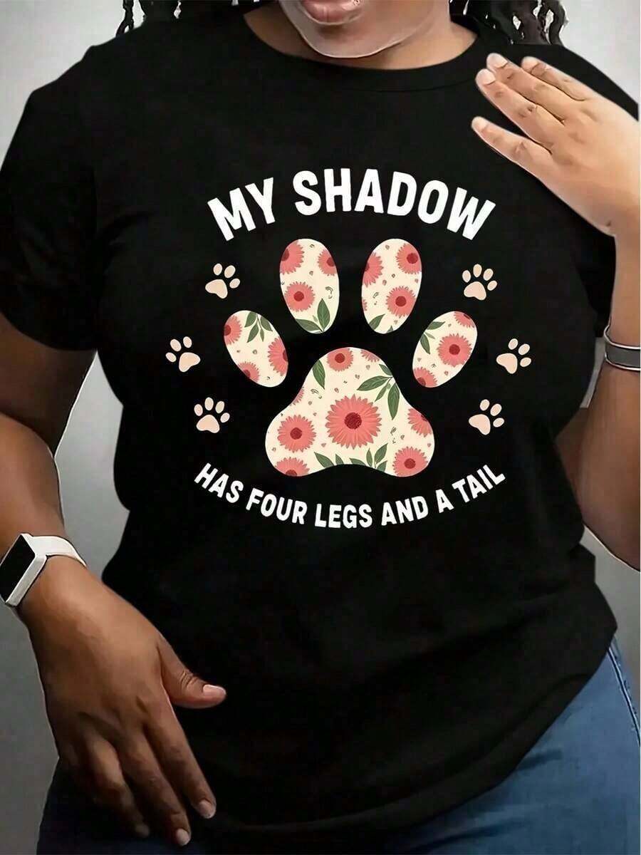 Women's Premium Casual Shirt, White With Floral Pet Paw Print, Four Paws And Tail, For Pet Lovers And Dog Owners, Everyday Wear, Crew Neck, Loose Fit, - 黑色 - 查看 1