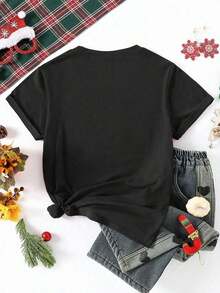 NewSummerCasualPlayera con diseño de moño navideño, con cuernos de reno, playera estampada, con colores de temporada, ideal para uso diario, llamativo, moderno, holgado, cuello redondo, manga corta, ideal para toda la familia-Vintage Street Style Unisex Loose Cotton Short Sleeve Crew Neck T-Shirt - Negro - Ver 2