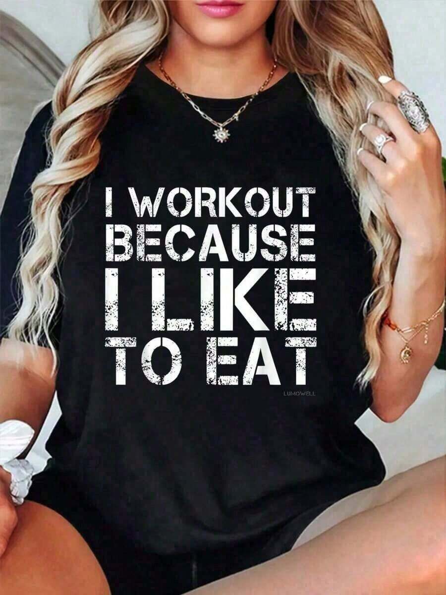 100% Cotton T-Shirt: I Work Because I Like To Eat. Fun Gym And Fitness T-Shirts, Loose And Comfortable. Mid-Season Show T-Shirt. Women's Simple Solid Color T-Shirt, Loose And Slim Fit Casual Short Sleeve - 黑色 - 查看 1