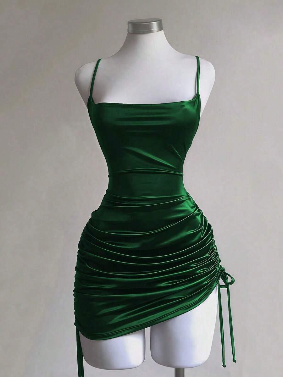 Vestido de mujer minimalista con tirantes finos, fruncido y escote bajo - Verde Oscuro - Ver 1