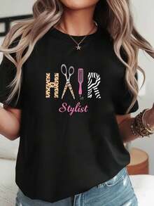 Camiseta de manga corta con cuello redondo para mujer, con estampado de patrón HAIR de estilo profesional y a, para compras informales, regalos de vacaciones, reuniones con amigos y ropa de ocio - Camiseta unisex de algodón holgada con cuello redondo y estilo vintage urbano. - Negro - Ver 1