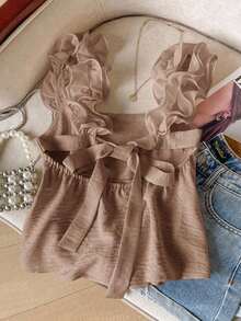 Frenchy Top de camisola elegante sin mangas con volantes en el bajo, de unicolor, para el verano - Caqui - Ver 1