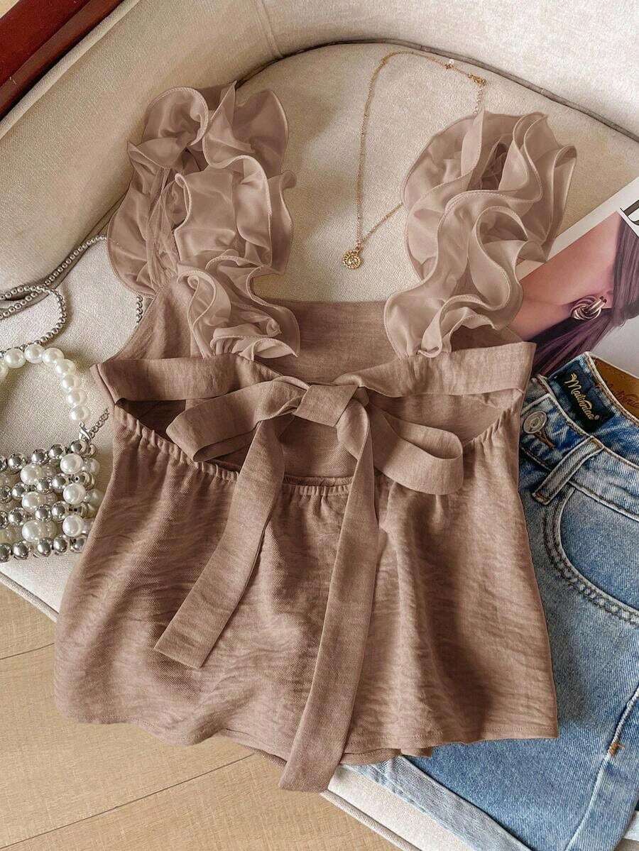 Frenchy Top de camisola elegante sin mangas con volantes en el bajo, de unicolor, para el verano - Caqui - Ver 1