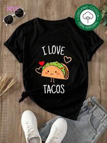 Women's Pure Cotton T-Shirt, Size S-M-L-XL, Soft Cotton With Taco And Heart Print, Fun Design For Food Lovers, Gift For Women And Girls, Fashionable Casual Clothing, Perfect Summer Casual Women's Dresses For All Seasons, Women's Night Out Tops - 黑色 - 查看 3