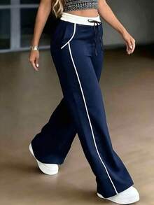 Pantalones rectos de cintura elástica casual, ajuste relajado - Azul Marino - Ver 4