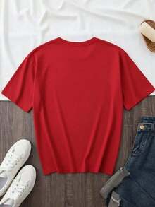 Women's Casual Graphic Print T-Shirt, Polyester, Daily Spring, Pure-Cotton - Red - View 3