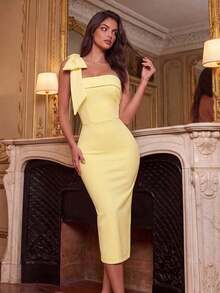 Vestido de cóctel, fiesta, boda y primavera con hombros descubiertos, unicolor, decoración de lazo, espalda con abertura y largo midi - Amarillo claro - Ver 6