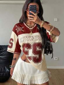 Camiseta suelta de malla transpirable con gráficos, para uso casual y salir, estilo urbano de verano para mujer - Burdeos - Ver 1