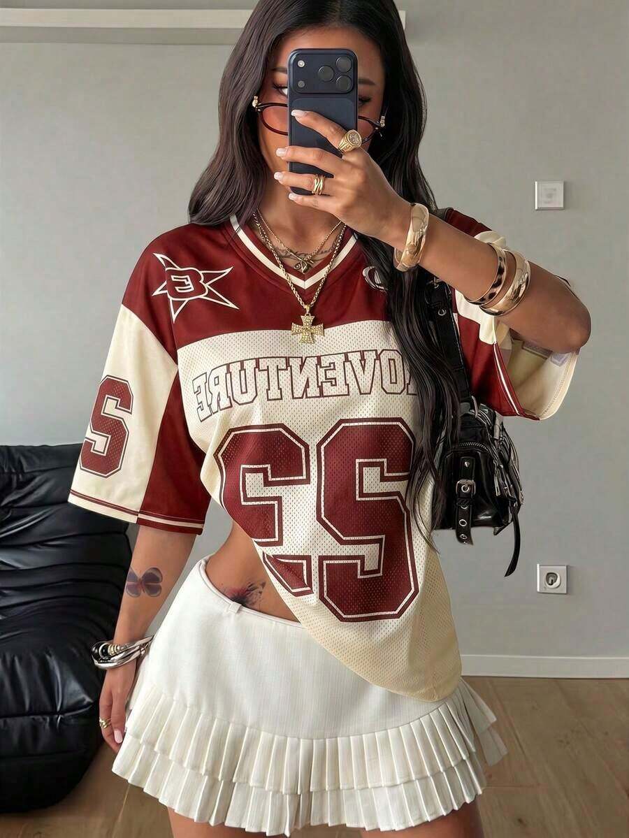 Camiseta suelta de malla transpirable con gráficos, para uso casual y salir, estilo urbano de verano para mujer - Burdeos - Ver 1