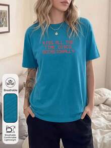 Camiseta Holgada Sencilla Mujer Estilo Moderno Women's Casual Kiss Print Round Neck Short Sleeve T-Shirt, Suitable For Daily Wear And Occasional Party, Summer White Camiseta Mujer Estampado Gráfico  Verano 2026 - Azul - Ver 7