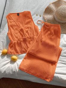Conjunto de 2 piezas casual para mujer con top de cuello en V y pantalones en punto liso negro - Naranja - Ver 7