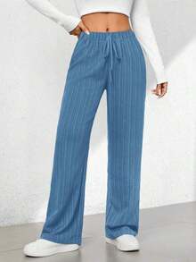 Pantalones capri de pierna ancha con textura de estilo casual de verano - Azul - Ver 2