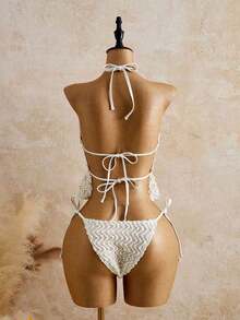 Bellisia Top de bikini de mujer de punto texturizado marrón con cuentas y piedras - Multicolor - Ver 2
