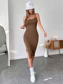 Vestido de espalda abierta de muslo con abertura - Marrón Mocha - Ver 5