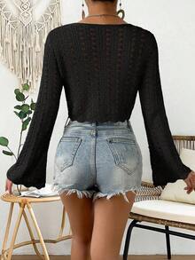 Cárdigan de punto calado de color liso casual para vacaciones - Negro - Ver 2