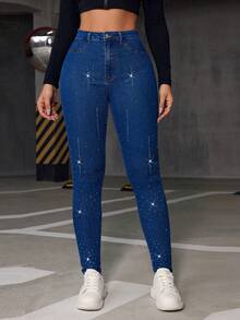 ALO FASHION Pantalones vaqueros de mezclilla para mujer con brillantes adornos de pedrería, sexys pantalones largos ajustados de talle alto - azul real - Ver 5