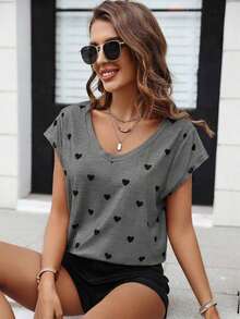 Camiseta sencilla con estampado de corazón de moda para mujer, para uso diario casual en verano - Gris - Ver 4