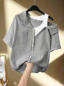 Camisa de mujer casual de manga corta raglán a rayas texturizada azul y blanca, de verano - Negro - Ver 1
