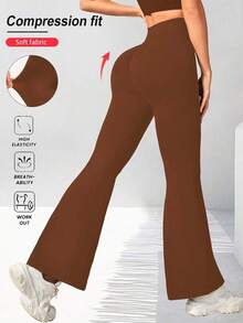 Pantalones acampanados con cintura cruzada para mujer, pantalones deportivos y de yoga de unicolor de poliéster de alta elasticidad, pantalones casuales largos con cintura cruzada, mallas ajustadas de unicolor para entrenamiento, pantalones de pierna ancha de tejido de punto adecuados para fitness y uso casual, negro, primavera - Marrón - Ver 6