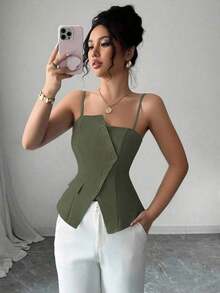 Elenzya 2025 Nuevo diseño asimétrico azul, versátil y casual con cintura ceñida, camiseta de tirantes para uso diario - Verde militar - Ver 5