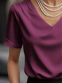 1 pieza Blusa de mujer de unicolor de satén con cuello en V y manga corta, elegante y de moda para uso diario, oficina, hogar, citas, primavera/verano, color negro casual - Morado - Ver 2