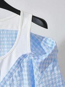 Camisa de mujer casual de manga corta raglán a rayas texturizada azul y blanca, de verano - Azul - Ver 4
