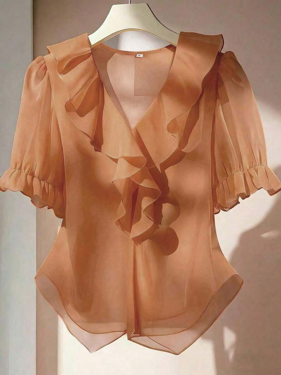 Blusa casual con cuello en V, mangas con volantes y pétalos - Naranja - Ver 1