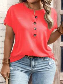 Camiseta de manga corta con botones talla grande - Rojo - Ver 1