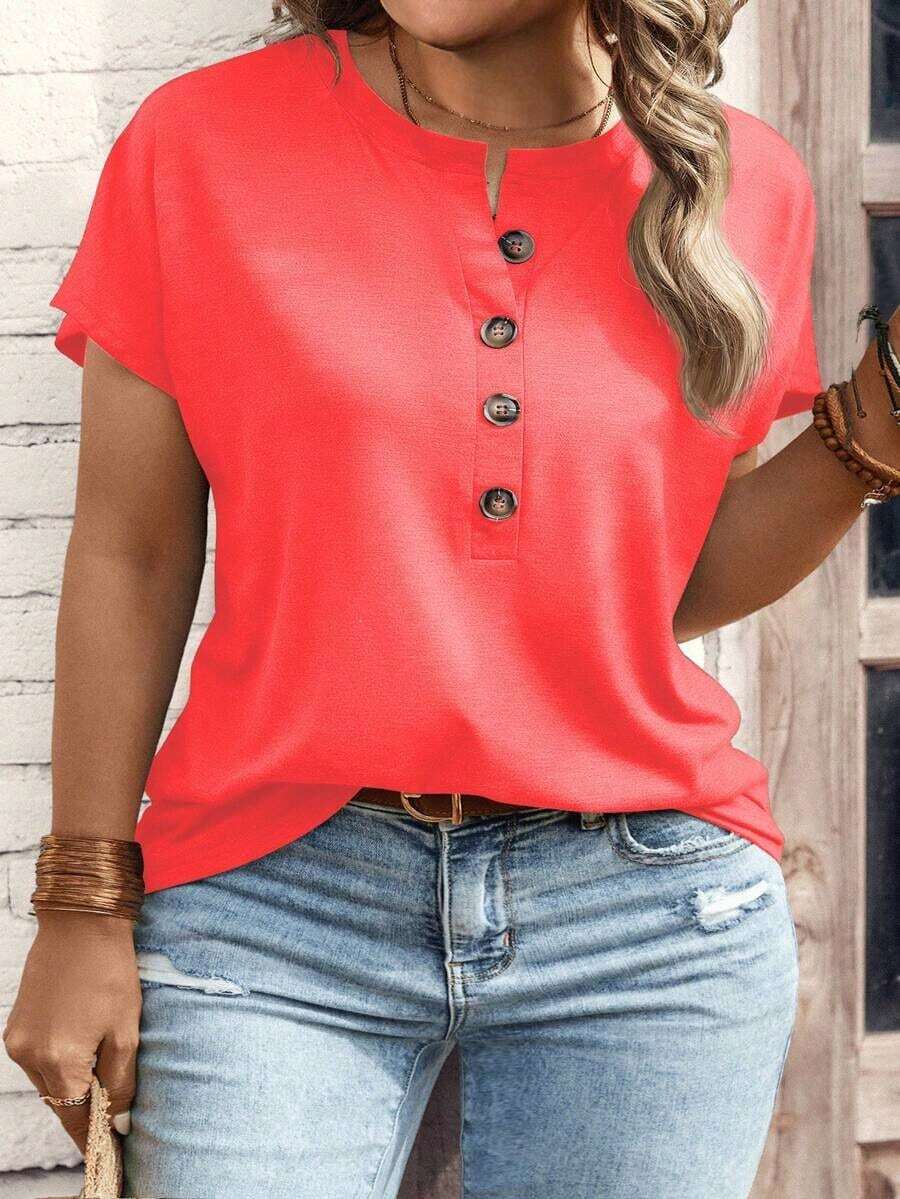 Camiseta de manga corta con botones talla grande - Rojo - Ver 1