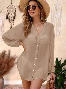Holidaya Kimono unicolor con botón delantero - Caqui 2 - Ver 7