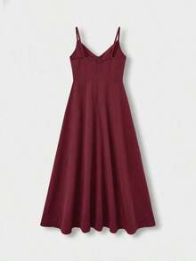 Vestido midi elegante de mujer con escote en V, vestido de tirantes de textura de lino en corte evasé, adecuado para verano, playa, boda, fiesta, cóctel - Burdeos - Ver 6